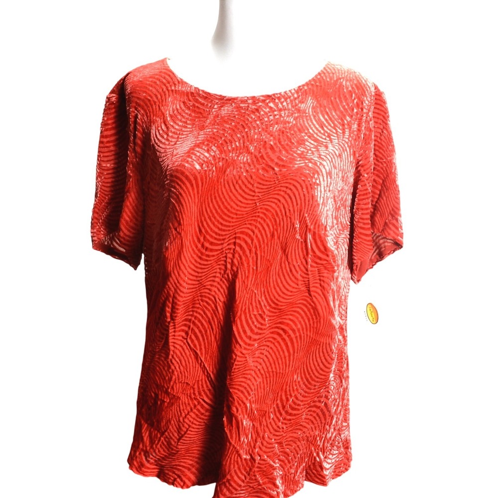 Talbots Women's Red Textured Velvet Short Sleeve Top 16W Scoop Neck eveningwear